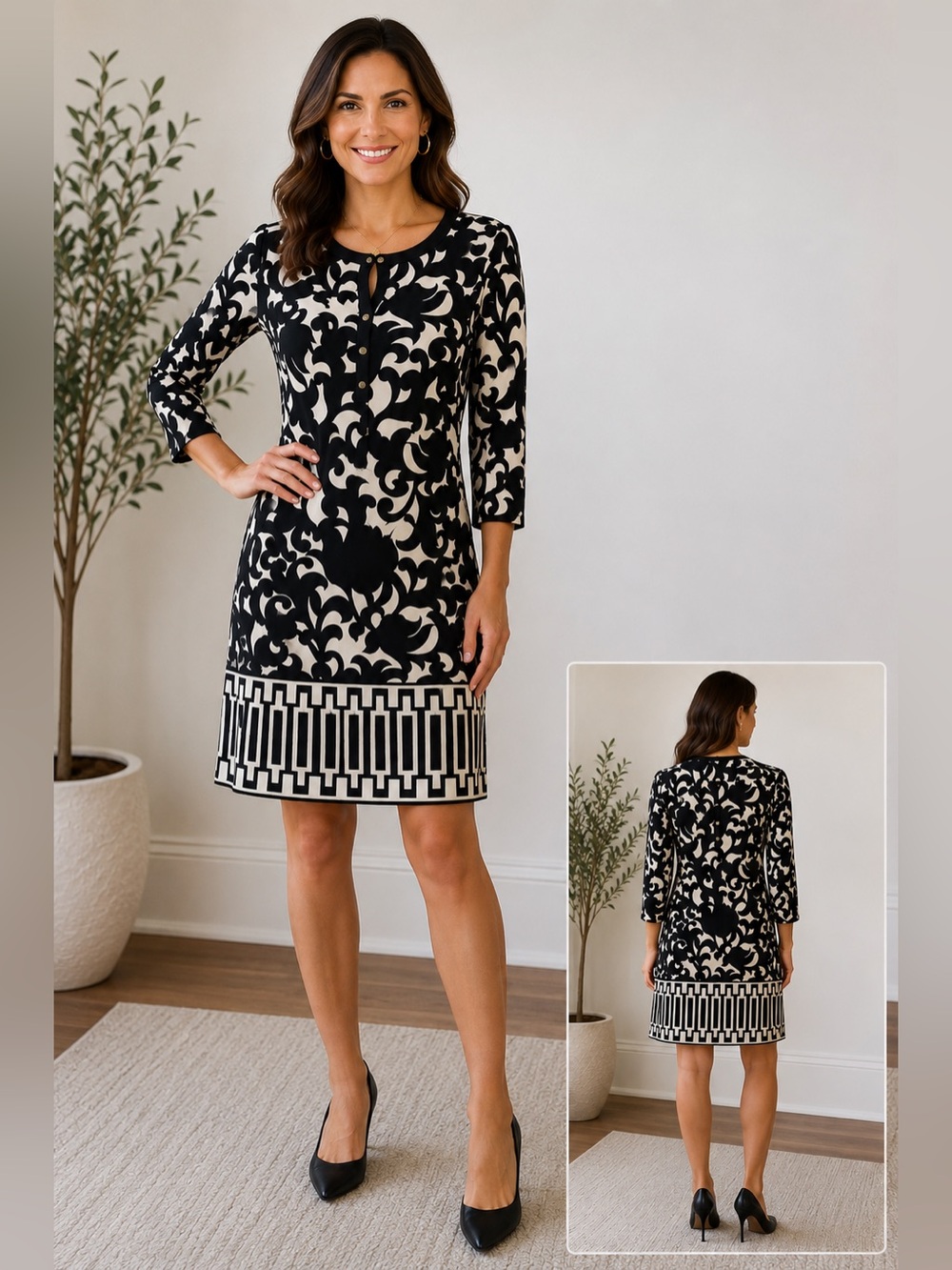 Morgan McFeeters Vintage Black Ivory Damask Print Dress Size 8